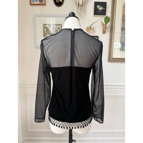 Xscape Illusion Neck Long Sleeve Black Velvet Top Beaded Fringe M - Picture 7 of 9